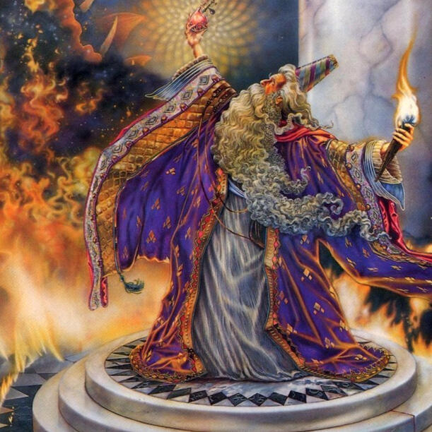 a powerful wizard holding an orb, lit by flames