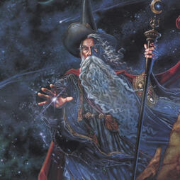 a wizard, hand with a small light orb facing the viewer, with a starry night in the background
