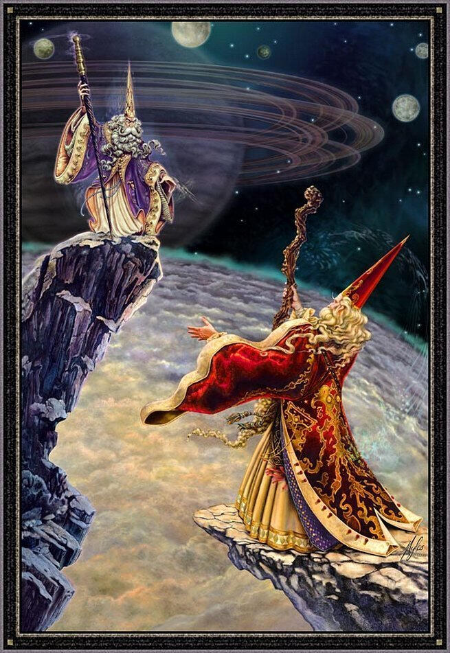 two wizards engaged in an epic battle, a multi ringed planet in the background