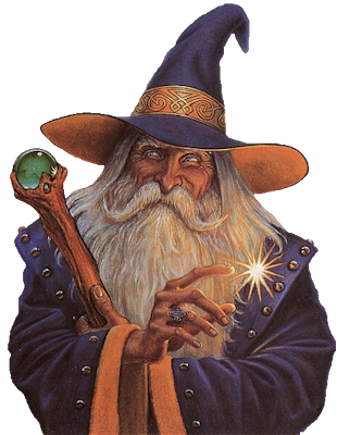 a wise wizard with a staff and a ball of light, facing left