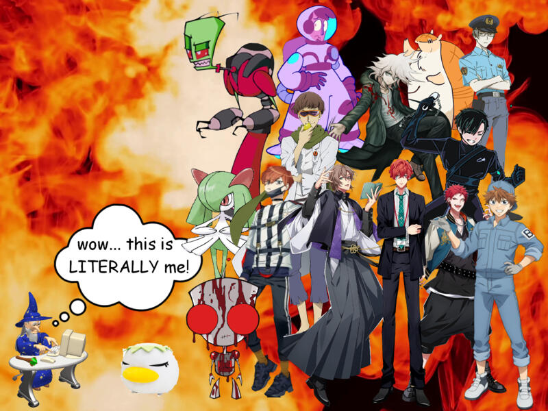 a wizard in purple robes and a tall hat with a feather quill in his hand. he is sitting at a very crowded desk, with a skull, candles, books, and potions on it