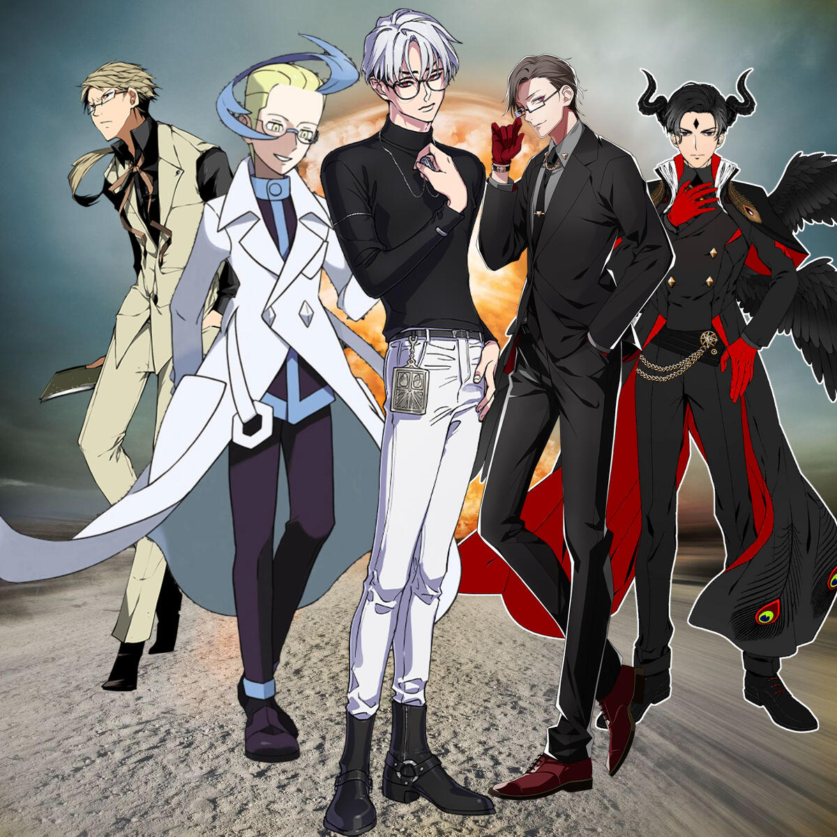 a wizard in purple robes and a tall hat with a feather quill in his hand. he is sitting at a very crowded desk, with a skull, candles, books, and potions on it