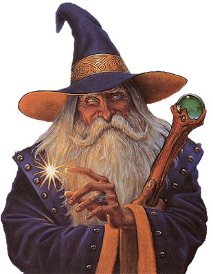 a wise wizard with a staff and a ball of light, facing right