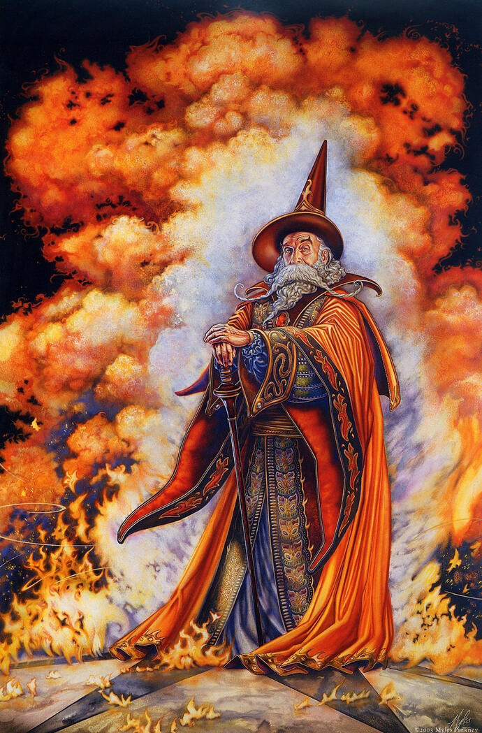 a wizard wearing a red robe surrounded by flames, facing the viewer. the background is an explosion