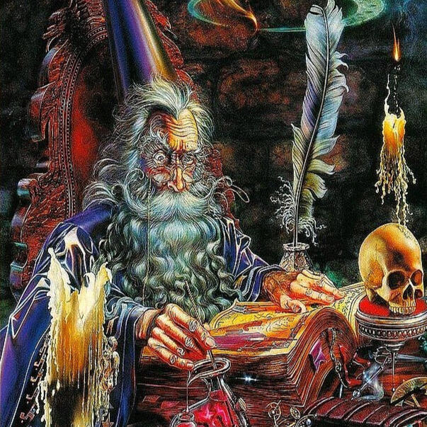 a wizard in purple robes and a tall hat with a feather quill in his hand. he is sitting at a very crowded desk, with a skull, candles, books, and potions on it
